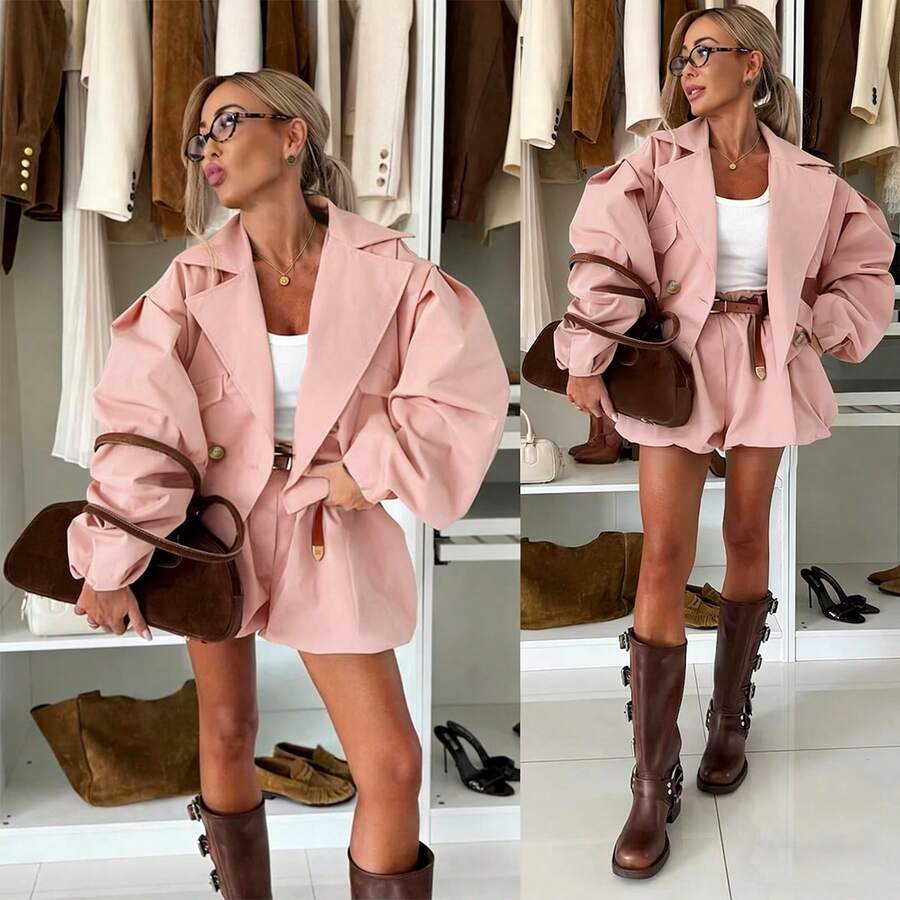 Women's Solid Color Spring/Autumn New Jacket Two Pieces Set (Jacket + Pants, Excluding Belt Accessories) Pink Elegant Summer - Pink - View 1
