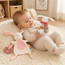 2Pcs Cute Rabbit Baby Comfort Gift Set, Soft Plush Bunny Security Lovey Blanket & Bead Hand Shaker Rattle, Infant Sensory Calming Toy, Ideal Newborn Shower Gift - Multicolor - View 5