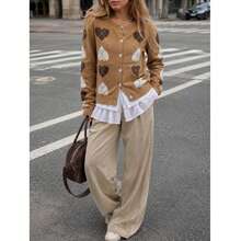 New Women's Casual Minimalist Cute Heart Pattern Round Neck Sweater Cardigan Knit Jacket, Spring Autumn Winter - Orange - View 1