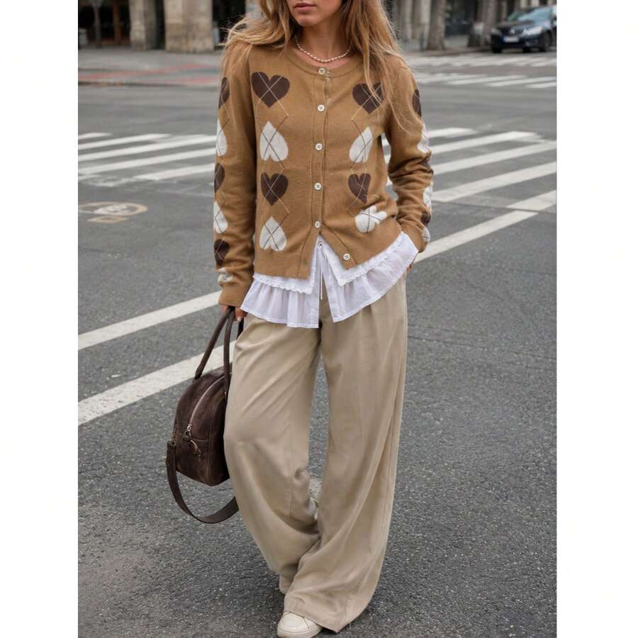 New Women's Casual Minimalist Cute Heart Pattern Round Neck Sweater Cardigan Knit Jacket, Spring Autumn Winter - Orange - View 1