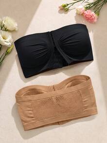 2 Peças Sutiã Bandeau Sem Alças Sem Fio Feminino, Sutiã com Fechamento Frontal Antiderrapante, Costas de Malha Oca Respirável, Adequado para Uso Diário e Festas - Multicolorido - Visão 2