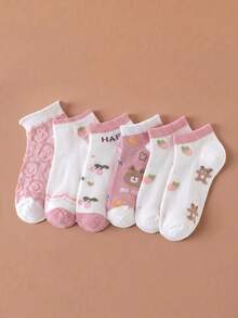 5 Pairs Women's Cute Cartoon Bear Strawberry Cherry Short Socks, Hollow Floral Letter Tube Socks, Comfortable Soft Short Socks, Cute Korean Style Sweet Casual Socks, Suitable For Spring And Summer Wear. - Multicolor - View 3
