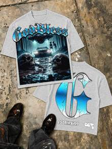 Alien UFO Double Sided Print Graphic Tee, Oversized Grunge Urban Casual Summer Outfit For Men, 4th Of July Celebration - 灰色 - 查看 11
