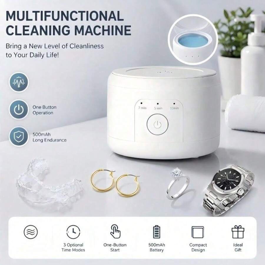 Portable Denture Cleaner, Multi-Function Cleaning Machine, 3-Level Timer Cleaning (3/5/10 Minutes), 360° 3D Descaling, USB Charging (500mAh Lithium Battery), Suitable For Glasses/Dentures/Jewelry - White - View 1