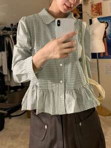 Women's Plaid Pleated Casual Versatile Long Sleeve Shirt For Daily Wear - Green - View 2