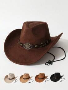Vintage Suede Cowboy Hat, Unisex, Western Style Wide Brim Rider Hat, With Bronze Long Horn Buckle Strap, Adjustable Windproof Felt Cowboy Hat, Suitable For Horse Riding Festival, Beach Travel And Sun Protection - Suede Eye Gold Bull Head Hat - View 1