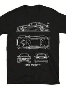 E92 M3 GTR Car Blueprint T-Shirt - Sports Car Drawing Graphic Luxury Tee For Men - 黑色 - 查看 1