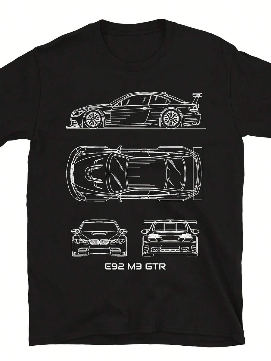 E92 M3 GTR Car Blueprint T-Shirt - Sports Car Drawing Graphic Luxury Tee For Men - 黑色 - 查看 1