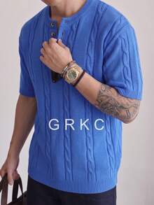 GRKC Spring/Summer Men's Neutral Casual Loose Minimalist Twisted Rope Pattern Versatile Business Commute Vacation Elegant Solid Color Round Neck Knit Top Button Half-Open Placket Pullover Short Sleeve T-Shirt Knit Sweater - Blue - View 1