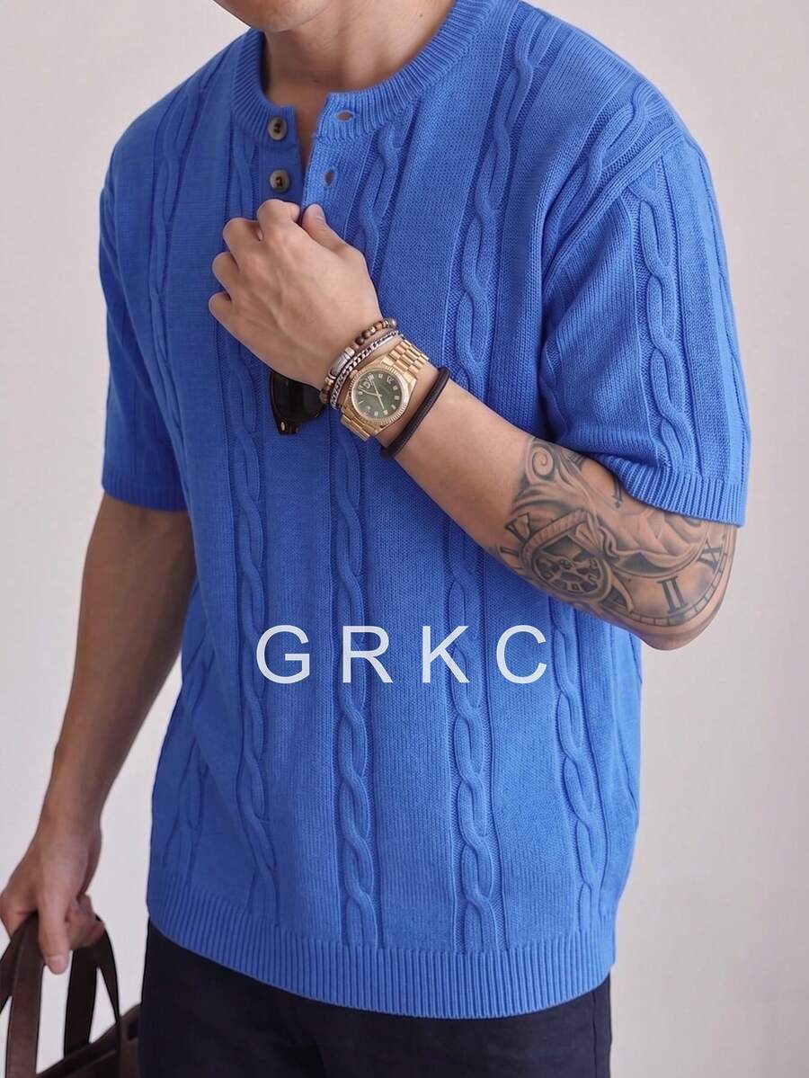GRKC Spring/Summer Men's Neutral Casual Loose Minimalist Twisted Rope Pattern Versatile Business Commute Vacation Elegant Solid Color Round Neck Knit Top Button Half-Open Placket Pullover Short Sleeve T-Shirt Knit Sweater - Blue - View 1