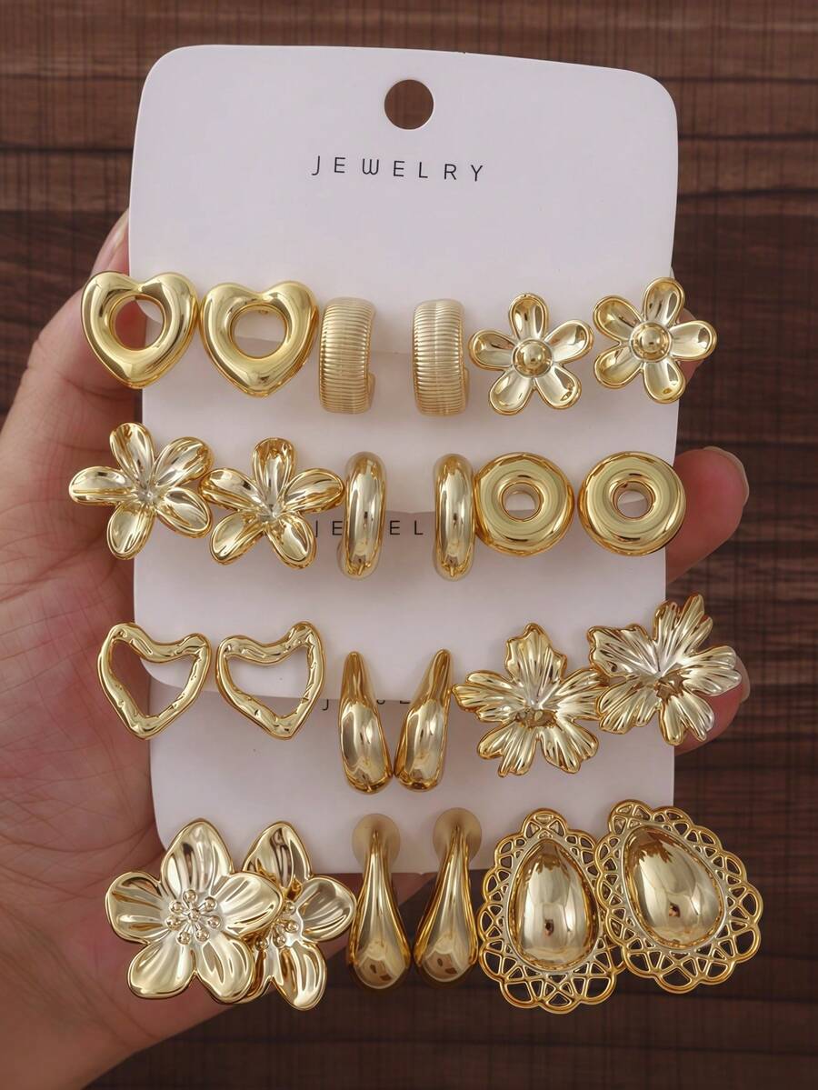 6-24pcs Gold Fashion Elegant Women's Earrings Set, Heart, Stripe, Flower, Flower, Hoop, Water Drop, Hollow Lace Design, Suitable For Summer Outings - Gold - View 1