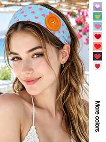 1pc Y2K Dopamine Colorful Heart Print Wide Headband With Oversized Button, Niche Handmade Stitched Design, Millennium Hot Girl Energetic Sweet Cool Girl Aesthetic Accessory - Multicolor - View 2
