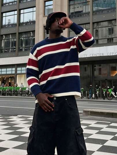 Camisola de malha larga casual estilo street para homem, outono/inverno, design moderno americano colorblock às riscas, manga comprida, gola redonda de camada dupla, confortável e versátil para uso diário, férias, fotografia de rua, hip-hop, lazy e college