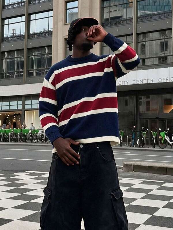 Autumn/Winter Men's Street Style Casual Loose Knit Pullover, Fashionable American Colorblock Striped Design Long Sleeve Double Layer Crew Neck Sweater, Comfortable Versatile For Daily Wear, Vacation, Street Photography, Hip-Hop, Lazy, College