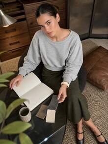 Women's Long Sleeve Boat Neck Pullover Sweatshirt, Ribbed Knit, Asymmetric Design, Regular Fit, Pure Cotton Material, Suitable For Autumn Wear. - Light Grey - View 4