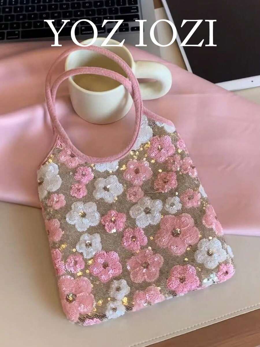 日韓風 INS 個性化馬卡龍色亮片花卉手提包,甜美通勤時尚精緻高端小包 - 粉色 - 查看 1