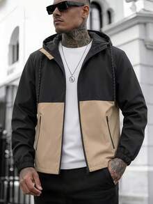 Men's Colorblock Patchwork Hooded Jacket, Spring/Autumn Casual Versatile Loose Fit Zipper Outdoor Coat, Suitable For Daily Outings And Commuting - Black - View 1