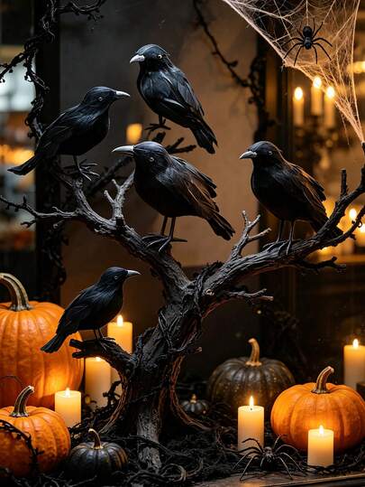 1/3/12pcs Artificial Feather Black Crow Decor, Realistic Simulation Raven Bird Ornament, Halloween Scary Party Prop For Home Garden Scene Decoration