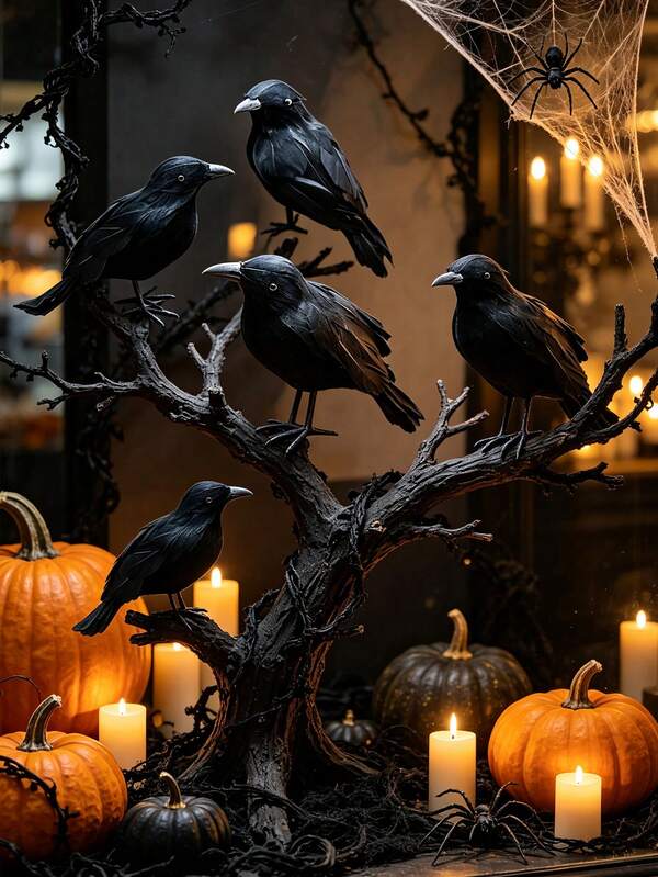1/3/12pcs Artificial Feather Black Crow Decor, Realistic Simulation Raven Bird Ornament, Halloween Scary Party Prop For Home Garden Scene Decoration