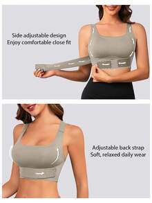 1pc Front-Closure Seamless One-Piece Back-Smoothing 3-In-1 Tank Top With Removable Pads For Sports And Casual Wear, All Seasons - Khaki - View 4