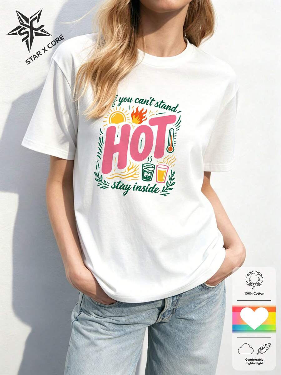 Hot Summer Mood Bold Lettering & Drinks, Fun Summer Style, Organic Cotton Short Sleeve Tee, Women - 白色 - 查看 1