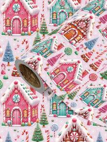 2/1 Roll Of Christmas Gift Wrapping Paper Featuring A Gingerbread House Theme; Made Of Coated Paper; Dimensions: 43 Cm X 300 Cm; Suitable For Christmas Gift Wrapping, Party Decorations, And Holiday Gifting. - A - View 1