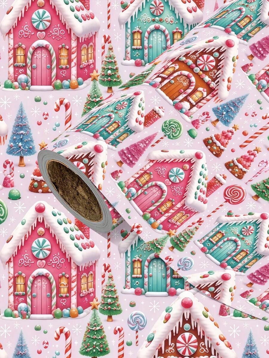 2/1 Roll Of Christmas Gift Wrapping Paper Featuring A Gingerbread House Theme; Made Of Coated Paper; Dimensions: 43 Cm X 300 Cm; Suitable For Christmas Gift Wrapping, Party Decorations, And Holiday Gifting. - A - View 1
