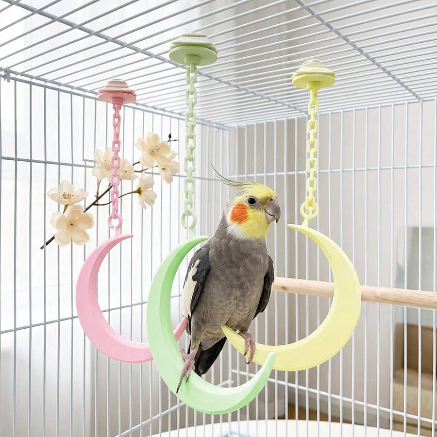 1pc Crescent Moon Hanging Swing With Adjustable Chain, Clip-On Bird Cage Perch Toy Accessory, Climbing Chewing Relaxation Toy For Budgies, Lovebirds, Small Cockatiels, Iron Wire Cage Interior Decor - View 1