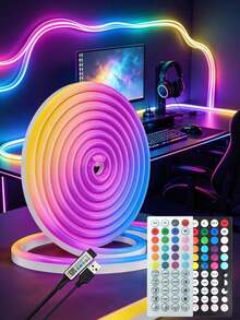 1m/2m/3 Meters/4m/5m Neon LED Light Strip With Music Sync Function, Waterproof Flexible Light Rope With Bluetooth Remote Control, Suitable For Bar, Bedroom, Kitchen, Living Room, Game Room, Outdoor Decoration, Also Applicable For Birthday Party, Camping, Halloween, Christmas Decoration, Bedroom Atmosphere Lighting, TV Background, Makeup Mirror, Bathroom Cabinet - Multi-color light - View 2