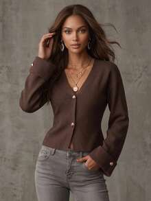 Women's Autumn/Winter New French Romantic Casual Versatile Minimalist Elegant Knit Cardigan Top - Brown - View 4