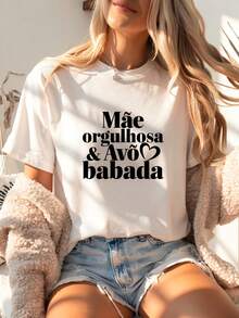 Portuguese Proud Mom & Smitten Grandparent Letter Print Women'S Short Sleeve Crew Neck Casual Top For Summer & Spring, Women'S Clothing - White - View 6