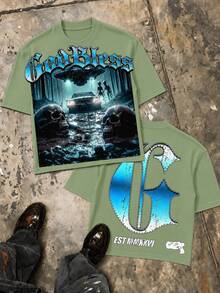 Double Sided Print Alien UFO Graphic Tee, Oversized Y2K Urban Fashion Graphic Tee For Men, 4th Of July Father Day - 綠色 - 查看 11