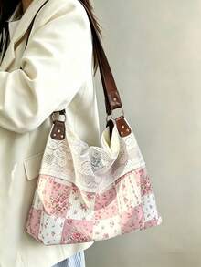 Nicekee Sweet Retro Artistic Style Atmosphere, Personalized Floral Tote Bag, Lace Patchwork Design, Fashionable And Versatile Texture Shoulder Bag - Multicolor - View 2