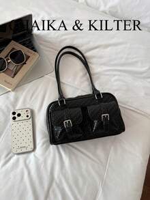 CHAIKA & KILTER 1件純色PU布料女款時尚多口袋大容量波士頓保齡球肩背包，全表面紋理拉鍊開合，適合日常與街頭使用（附吊飾） - 黑色 - 查看 4