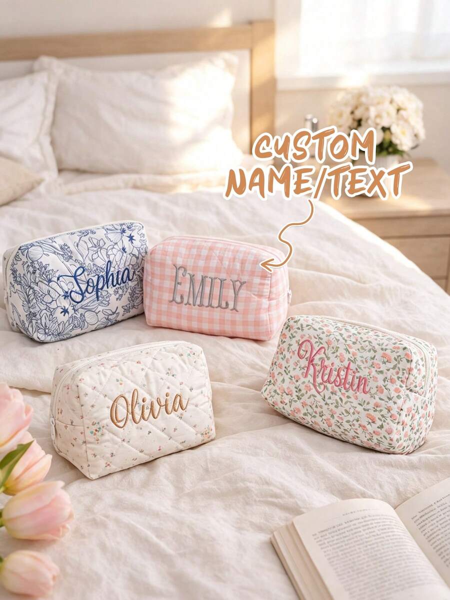 Customized Personalized Makeup Bag, Customized Floral Pattern Makeup Bag, Travel Makeup Organizer Bag, Women's Toiletry Bag, Bridesmaid Gift - Multicolor - View 1