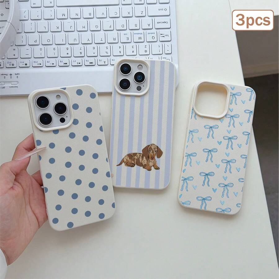 3pcs Polka Dot Heart Stripe Element TPU Shockproof Full Coverage Precise Protection Case Compatible With Apple 11/12/13/14/15/16/17 Pro Max - Multicolor - View 1