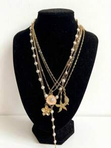 5pcs Vacation Style Casual Fashion Bohemian Starfish Shell Conch Flower Faux Pearl Y-Shaped Chain Multi-Layer Stacked Necklace Set For Women Daily Party Vacation Travel Wear Gift For Girlfriend Mom - Yellow Gold - View 2