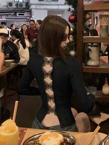 Autumn/Winter Korean Sweet Casual Style Butterfly Backless Knit Sweater Women's Large Scoop Neck Contrast Color Slim Fit Base Layer Top, New Black - Black - View 5