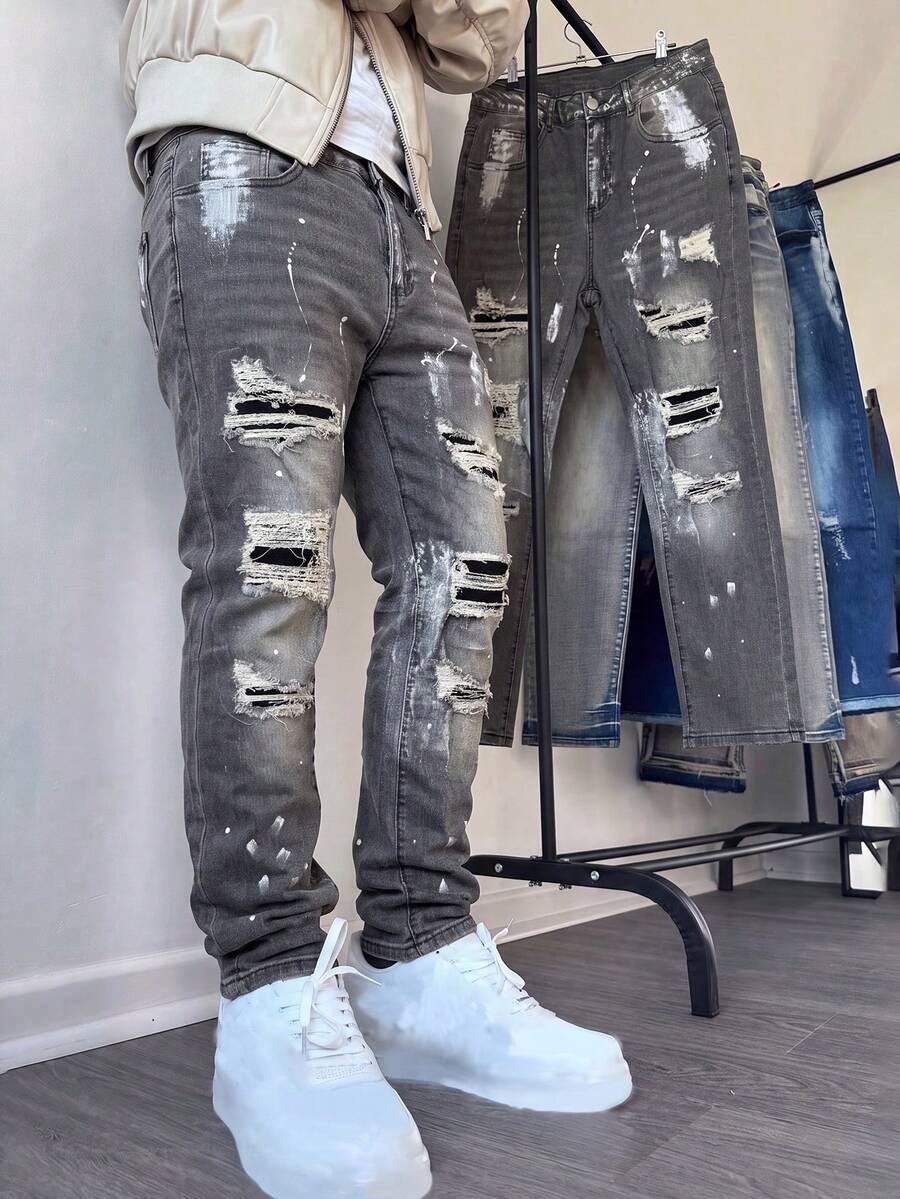 Men's Slim Fit Stretch Denim Jeans With Distressed Ripped Design, Streetwear Patchwork & Frayed Detail, Washed Denim With Contrast Wash, Y2K Fashion Outfit - Black - View 1