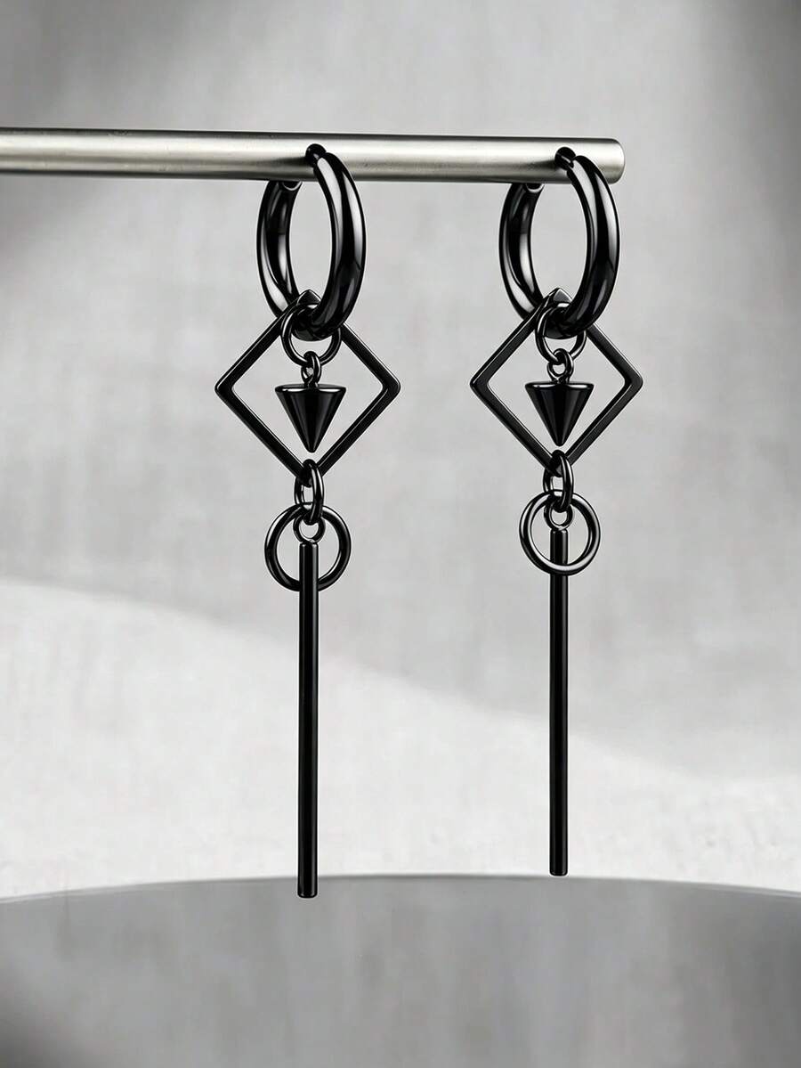 suteyi Stainless Steel Punk Pendant Earrings, Gothic Style Spiked Cone & Star Long Drop Hoop Earrings, Alternative Rock Hip Hop Silver Color Women's Earrings - Black - View 1