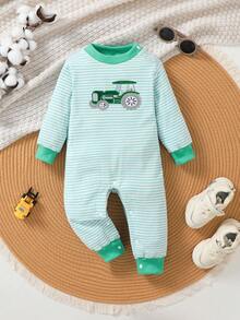 Baby Boy Spring/Autumn Fashion Striped Patchwork Contrast Color Crew Neck Long Sleeve Cute Car Embroidery Romper - Mint Green - View 2