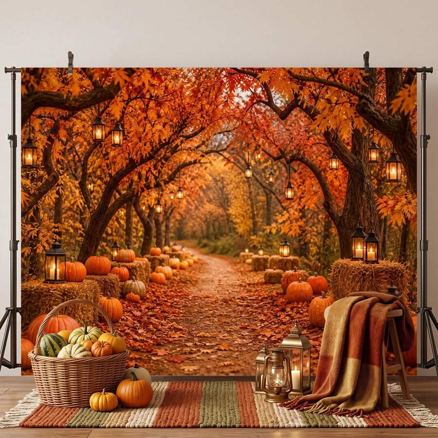 1pc 2D Flat Autumn Pumpkin Haystack Lantern Path Cozy Charming Backdrop, Birthday Halloween Thanksgiving Decoration, Suitable For Indoor Photo Background, Party Decor, Home Decoration, Harvest Theme - 1 - View 1