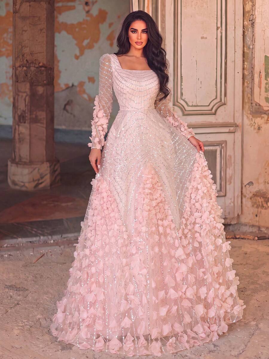 Elegant Square Neck Long Sleeve A-Line Evening Dress With 3D Floral Applique Pink Party Wedding