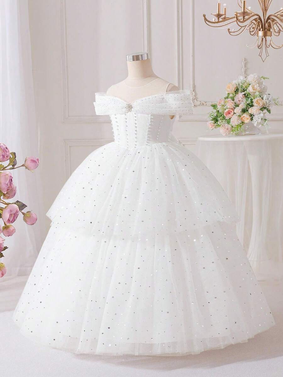 Tween Girls Faux Pearl Glitter Sequin Tulle Puff Ball Gown, Suitable For Graduation Party, Headband Not Included - White - View 1