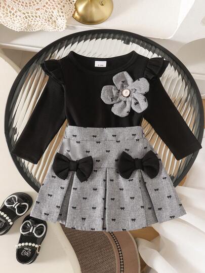 2pcs Baby Girl Sweet Cool Academy Style Floral Flutter Sleeve Top & Skirt Set, Thin Spring/Autumn