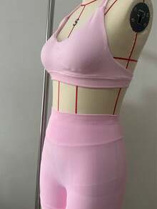 2pcs/Set Women's Sports Fitness Outfit Set, Halter Top And Sports Shorts, Suitable For Running And Training - Pink - View 10