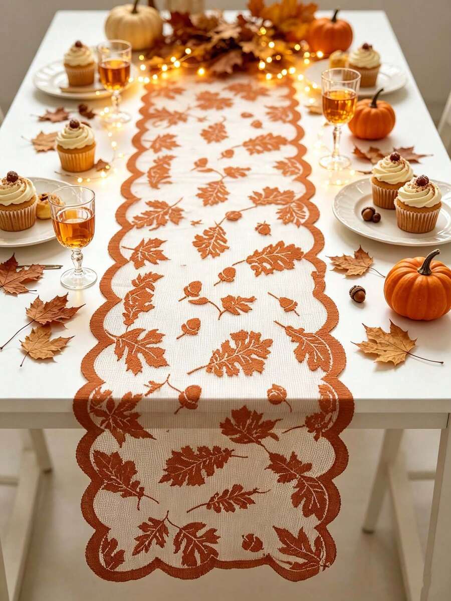 1Pc Autumn Harvest Maple Leaf Table Runner - 13 X 72 Inch Fall Decorations With Lace, Pumpkin, Pinecone,And Brow Long Design - Perfect For Thanksgiving And Autumn Dinner Home Decor - Multicolor - View 1