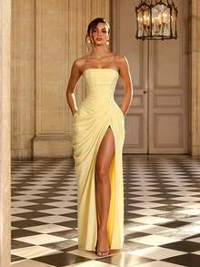 Bright Yellow Solid Color Elegant Sexy Chiffon High Slit Asymmetric Strapless Evening Dress Fall - Yellow - View 1
