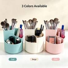 1 Peça Suporte Giratório para Pincéis de Maquiagem 12*11cm, Caixa de Armazenamento de Cosméticos de Plástico com Múltiplos Compartimentos, Design Redondo Dividido Simples e Fofo em Três Cores, Organizador de Mesa Giratório 360 Graus, Decoração de Armazenamento para Penteadeira, Banheiro, Quarto, Presente de Feriado - Multicolorido - Visão 1