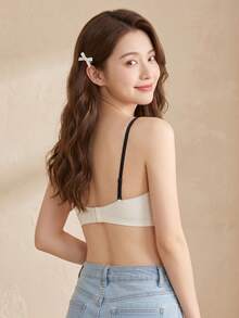 1pc Lace Push-Up Bra, Colorblock Backless Seamless Wire-Free Bra With Lift Support And Thick Cups, Bow Detail, Sweet Style For Women And Girls, Suitable For Small Chests [Flat Chest Special] - Champagne - View 5